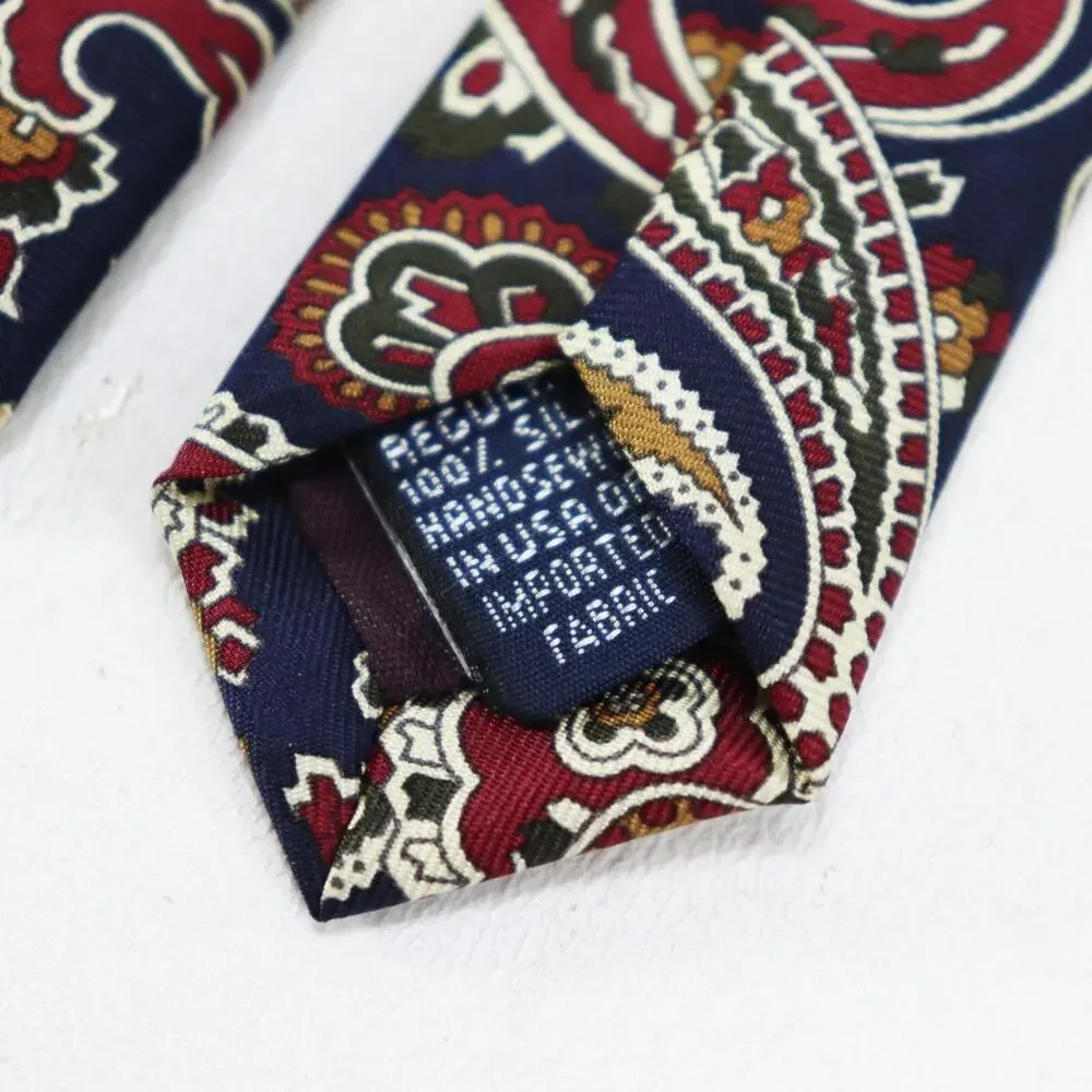 Lands End Tie Mens 58 in Blue Burgundy Cream Paisley Silk Handsewn Lined Wide